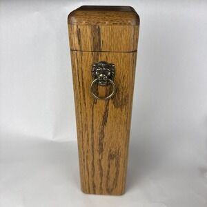 Vintage Oak Fireplace Match Holder Box Brass Lion Head Ring Pull‎ 13"